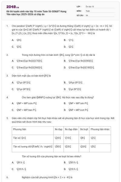 Đề thi tuyển sinh vào lớp 10 môn Toán Sở GD&ĐT Hưng Yên năm học 2025-2026 có đáp án