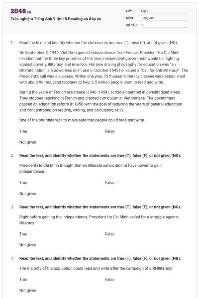 Trắc nghiệm Tiếng Anh 9 Unit 5 Reading có đáp án