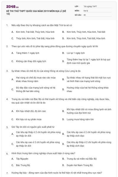 ĐỀ THI THỬ THPT QUỐC GIA NĂM 2019 MÔN ĐỊA LÍ (ĐỀ 10)