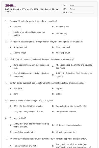 Bộ 7 đề thi cuối kì 2 Tin học lớp 3 Kết nối tri thức có đáp án - Đề 5