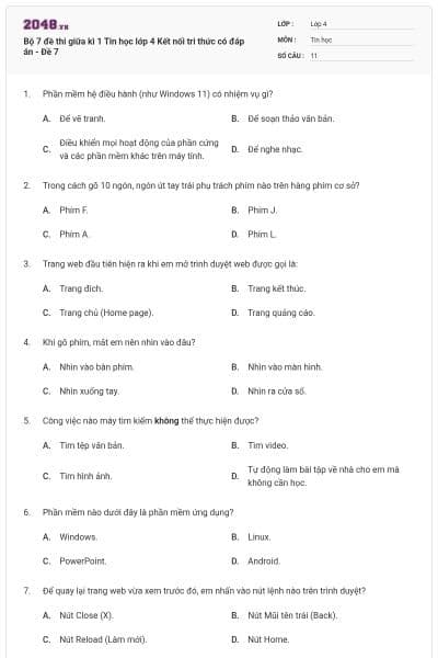 Bộ 7 đề thi giữa kì 1 Tin học lớp 4 Kết nối tri thức có đáp án - Đề 7