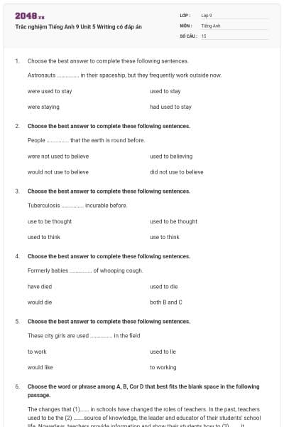 Trắc nghiệm Tiếng Anh 9 Unit 5 Writing có đáp án