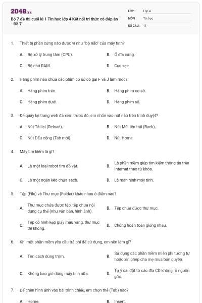 Bộ 7 đề thi cuối kì 1 Tin học lớp 4 Kết nối tri thức có đáp án - Đề 7