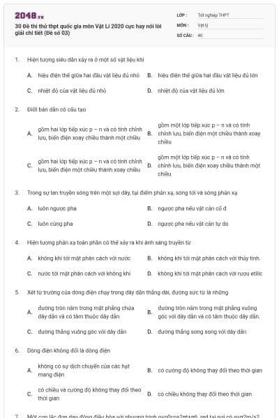 30 Đề thi thử thpt quốc gia môn Vật Lí 2020 cực hay nói lời giải chi tiết (Đề số 03)