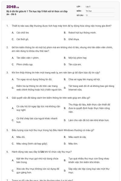 Bộ 6 đề thi giữa kì 1 Tin học lớp 5 Kết nối tri thức có đáp án - Đề 6