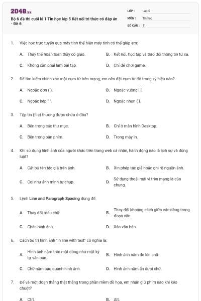 Bộ 6 đề thi cuối kì 1 Tin học lớp 5 Kết nối tri thức có đáp án - Đề 6