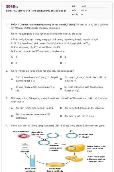 Đề thi HSG Sinh học 12 THPT Yên Lạc (Phú Thọ) có đáp án