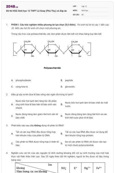 Đề thi HSG Sinh học 12 THPT Lê Xoay (Phú Thọ) có đáp án