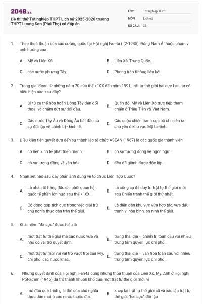 Đề thi thử Tốt nghiệp THPT Lịch sử 2025-2026 trường THPT Lương Sơn (Phú Thọ) có đáp án