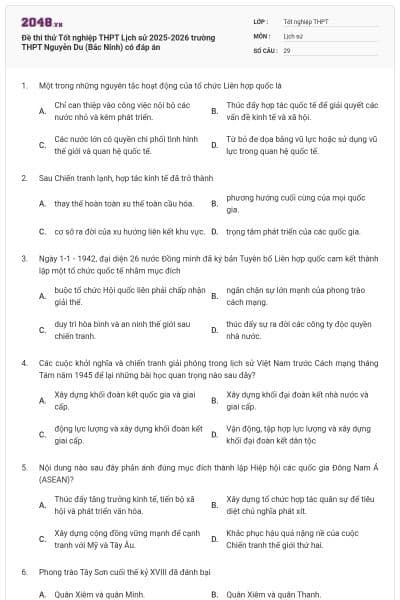 Đề thi thử Tốt nghiệp THPT Lịch sử 2025-2026 trường THPT Nguyễn Du (Bắc Ninh) có đáp án