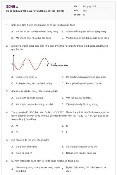 25 Đề ôn luyện Vật lí cực hay có lời giải chi tiết ( Đề 21)