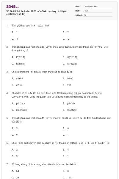30 đề thi thử thpt năm 2020 môn Toán cực hay có lời giải chi tiết (đề số 13)