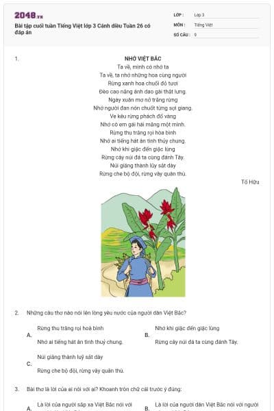 Bài tập cuối tuần Tiếng Việt lớp 3 Cánh diều Tuần 26 có đáp án