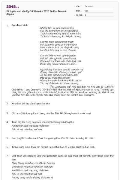 Đề tuyển sinh vào lớp 10 Văn năm 2025 Sở Kon Tum có đáp án