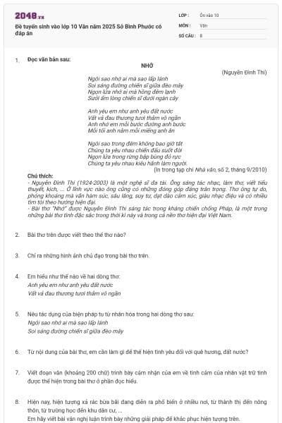 Đề tuyển sinh vào lớp 10 Văn năm 2025 Sở Bình Phước có đáp án