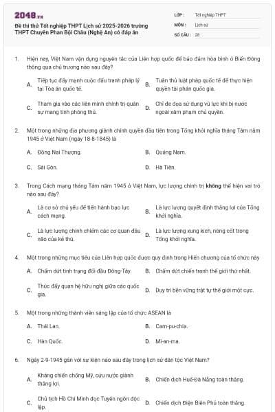 Đề thi thử Tốt nghiệp THPT Lịch sử 2025-2026 trường THPT Chuyên Phan Bội Châu (Nghệ An) có đáp án