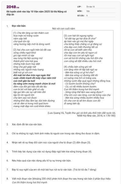 Đề tuyển sinh vào lớp 10 Văn năm 2025 Sở Đà Nẵng có đáp án