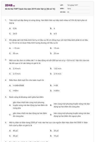 Đề thi thử THPT Quốc Gia năm 2019 môn Vật Lý (Đề số 16)