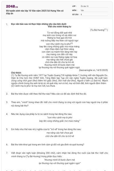 Đề tuyển sinh vào lớp 10 Văn năm 2025 Sở Hưng Yên có đáp án