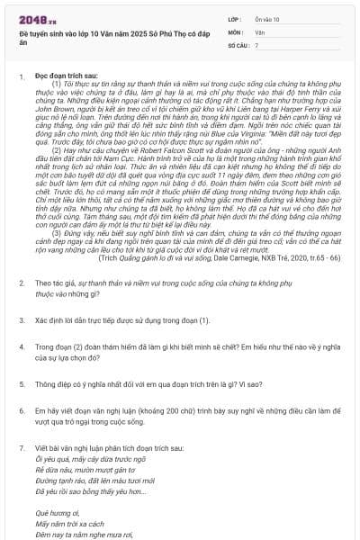 Đề tuyển sinh vào lớp 10 Văn năm 2025 Sở Phú Thọ có đáp án