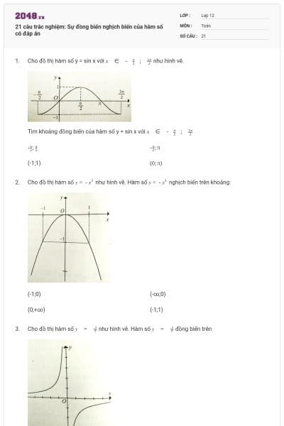 21 câu trắc nghiệm: Sự đồng biến nghịch biến của hàm số có đáp án