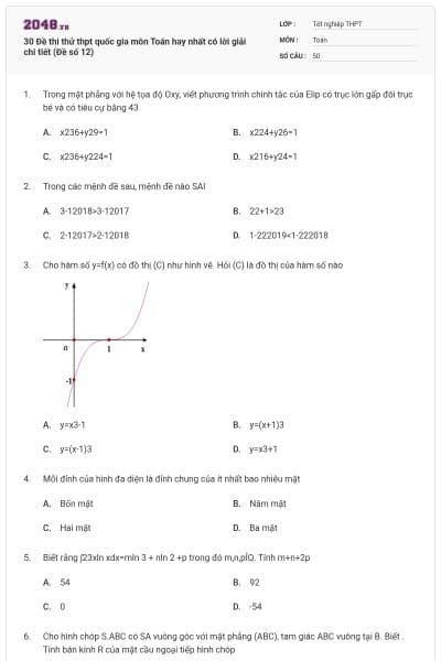 30 Đề thi thử thpt quốc gia môn Toán hay nhất có lời giải chi tiết (Đề số 12)