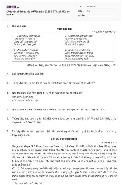 Đề tuyển sinh vào lớp 10 Văn năm 2025 Sở Thanh Hóa có đáp án