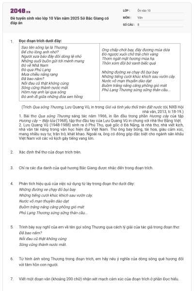 Đề tuyển sinh vào lớp 10 Văn năm 2025 Sở Bắc Giang có đáp án