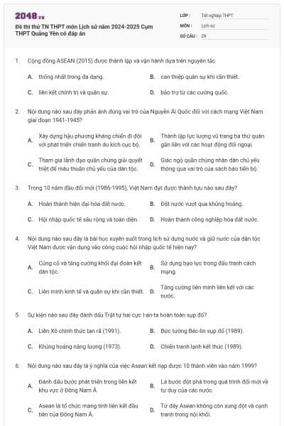 Đề thi thử TN THPT môn Lịch sử năm 2024-2025 Cụm THPT Quảng Yên có đáp án