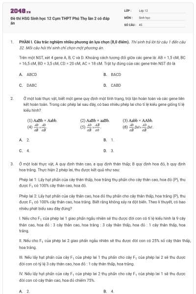 Đề thi HSG Sinh học 12 Cụm THPT Phú Thọ lần 2 có đáp án