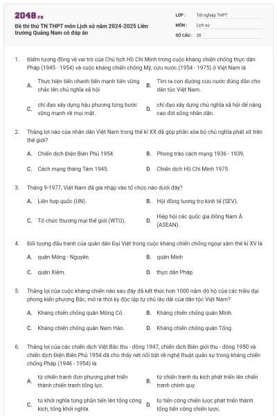 Đề thi thử TN THPT môn Lịch sử năm 2024-2025 Liên trường Quảng Nam có đáp án