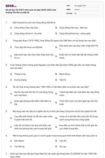 Đề thi thử TN THPT môn Lịch sử năm 2024-2025 Liên trường Yên Bái có đáp án