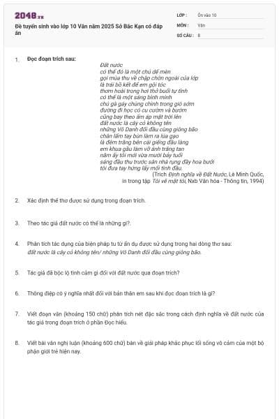 Đề tuyển sinh vào lớp 10 Văn năm 2025 Sở Bắc Kạn có đáp án