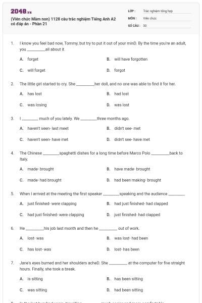 (Viên chức Mầm non) 1128 câu trắc nghiệm Tiếng Anh A2 có đáp án - Phần 21