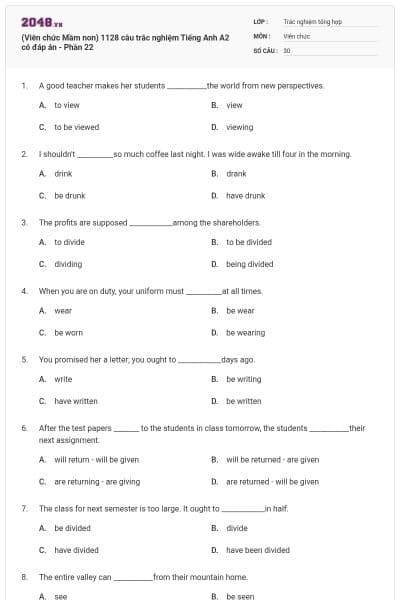(Viên chức Mầm non) 1128 câu trắc nghiệm Tiếng Anh A2 có đáp án - Phần 22