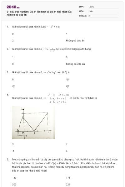 21 câu trắc nghiệm: Giá trị lớn nhất và giá trị nhỏ nhất của hàm số có đáp án