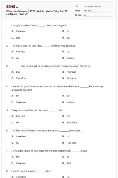 (Viên chức Mầm non) 1128 câu trắc nghiệm Tiếng Anh A2 có đáp án - Phần 29