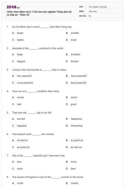 (Viên chức Mầm non) 1128 câu trắc nghiệm Tiếng Anh A2 có đáp án - Phần 30