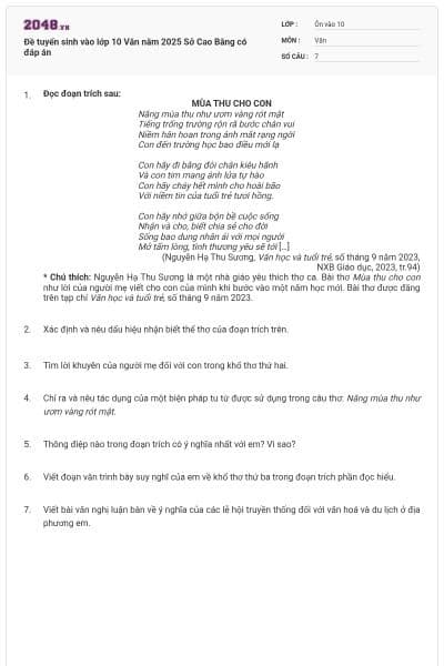 Đề tuyển sinh vào lớp 10 Văn năm 2025 Sở Cao Bằng có đáp án