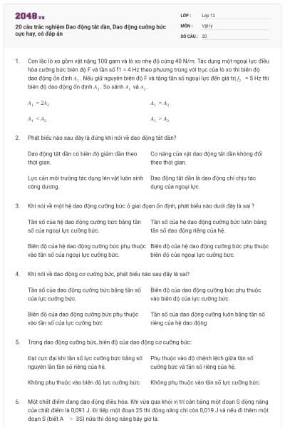 20 câu trắc nghiệm Dao động tắt dần, Dao động cưỡng bức cực hay, có đáp án