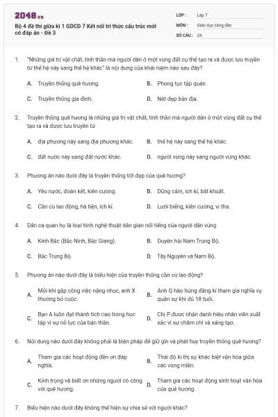 Bộ 4 đề thi giữa kì 1 GDCD 7 Kết nối tri thức cấu trúc mới có đáp án - Đề 3