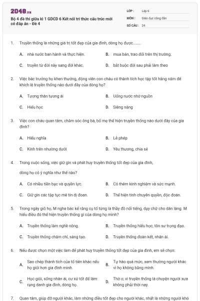 Bộ 4 đề thi giữa kì 1 GDCD 6 Kết nối tri thức cấu trúc mới có đáp án - Đề 4