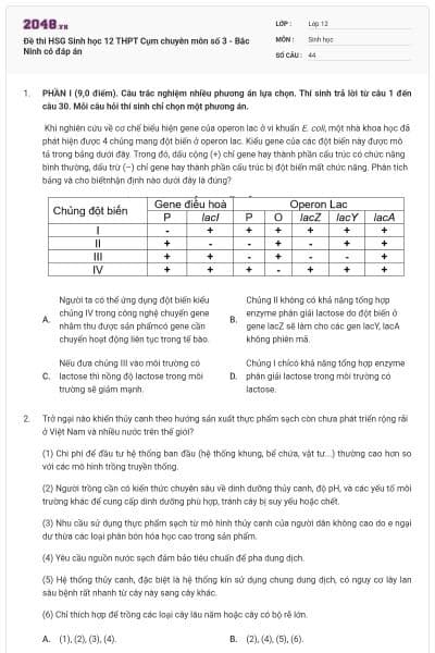 Đề thi HSG Sinh học 12 THPT Cụm chuyên môn số 3 - Bắc Ninh có đáp án