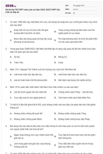Đề thi thử TN THPT môn Lịch sử năm 2024-2025 THPT Gio Linh có đáp án