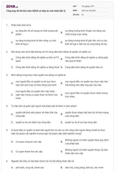 Tổng hợp đề thi thử môn GDCD có đáp án mới nhất (Đề 3)