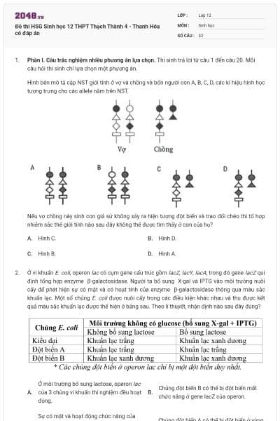 Đề thi HSG Sinh học 12 THPT Thạch Thành 4 - Thanh Hóa có đáp án