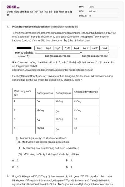 Đề thi HSG Sinh học 12 THPT Lý Thái Tổ - Bắc Ninh có đáp án