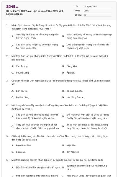 Đề thi thử TN THPT môn Lịch sử năm 2024-2025 Vĩnh Long có đáp án
