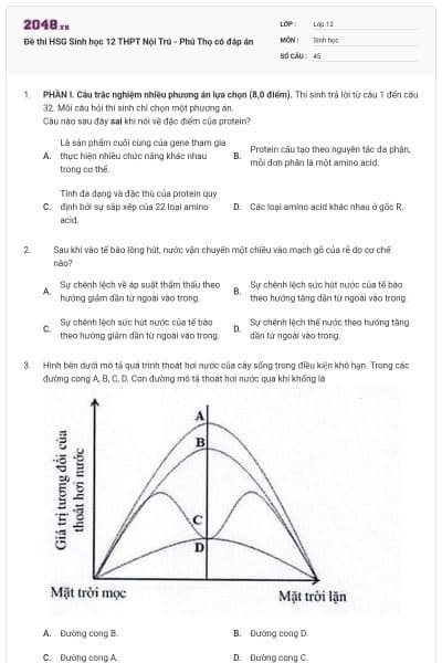 Đề thi HSG Sinh học 12 THPT Nội Trú - Phú Thọ có đáp án