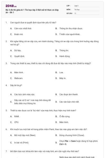 Bộ 3 đề thi giữa kì 1 Tin học lớp 3 Kết nối tri thức có đáp án - Đề 1